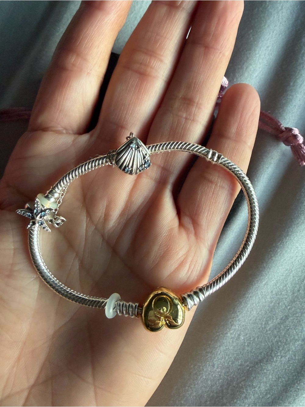 Pandora Two-Tone Silver Snake Chain Bracelet with Gold Heart Clasp - Picture 7 of 8